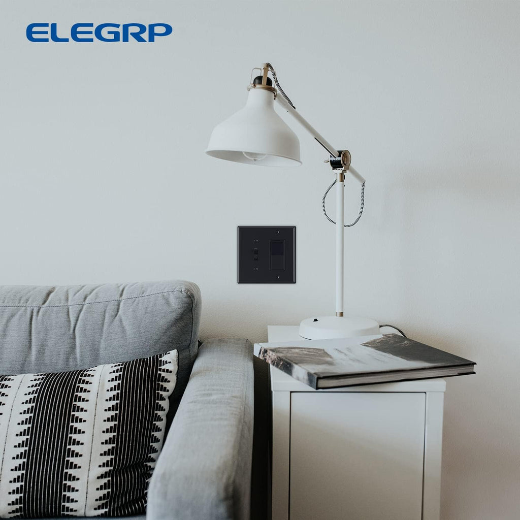 Combination Wall Plate ELEGRP 2-Gang 1-Toggle Light Switch 1-Decorator/GFCI Device Combination Wall Plates, Mid-Size 4.88" x 4.94" Unbreakable Thermoplastic Faceplate Cover, UL (1 Pack, Glossy Black)