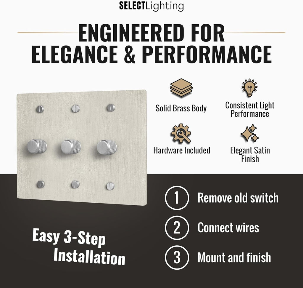 Select Vintage Brass Dimmer Light Switch, 1 Way Rotary Dimmer, 3 Gang TRIAC/Leading Edge Dimmable LED Light Switch, 15A 120V AC with Brass Knob, Faceplate & Dimming Module, UL Listed