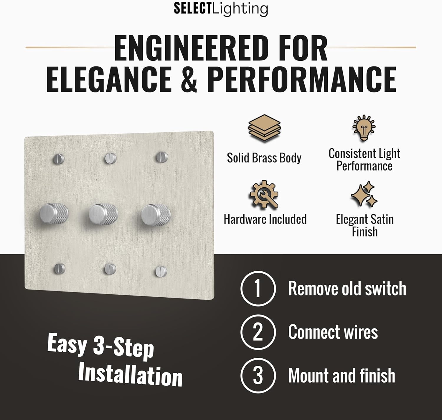 Select Vintage Brass Dimmer Light Switch, 1 Way Rotary Dimmer, 3 Gang TRIAC/Leading Edge Dimmable LED Light Switch, 15A 120V AC with Brass Knob, Faceplate & Dimming Module, UL Listed
