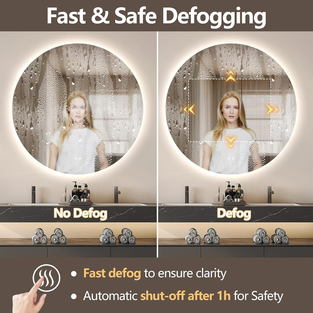 Niccy Round Led Mirror for Bathroom, 44" Circle Frameless Backlit Mirror wiht Light, Anti-Fog, 3 Colors, Waterproof, Memory Function