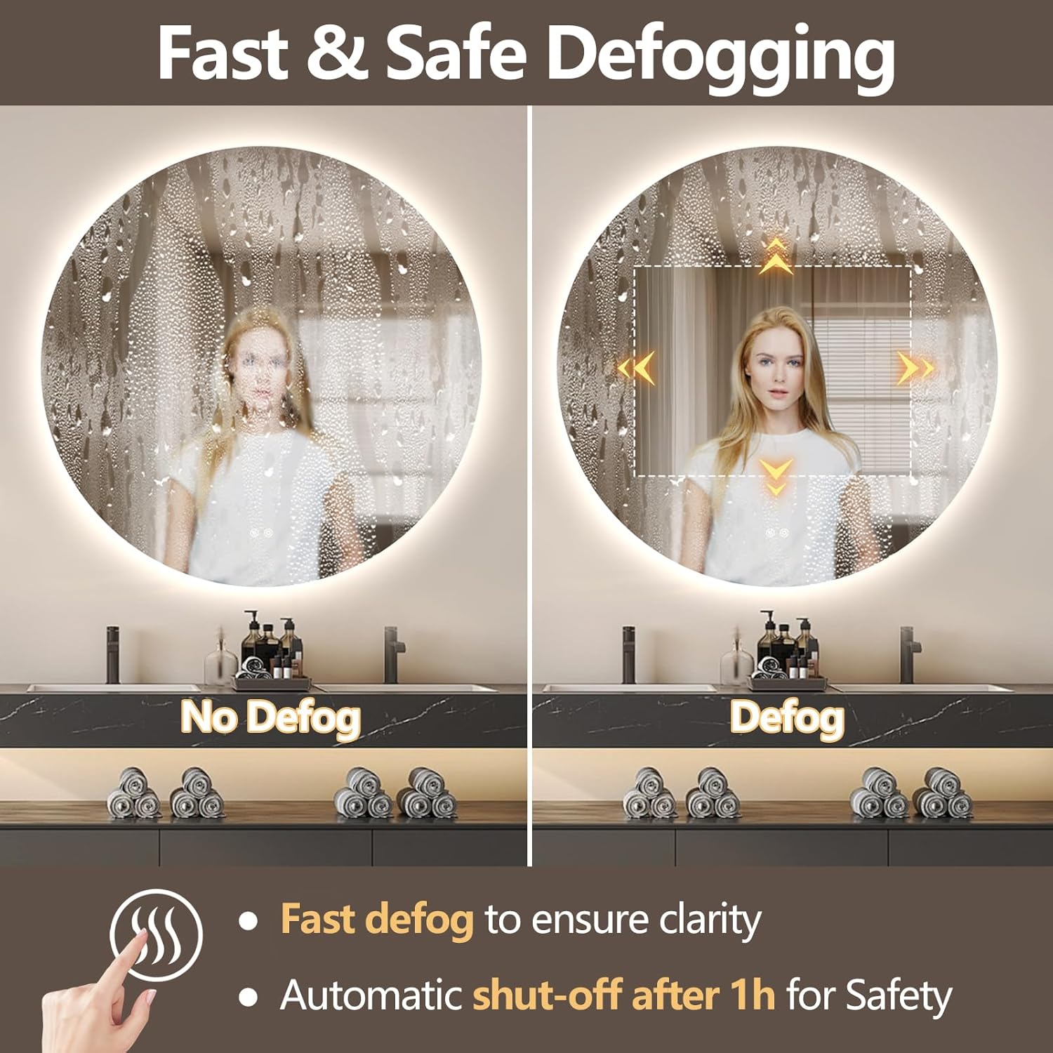 Niccy Round Led Mirror for Bathroom, 44" Circle Frameless Backlit Mirror wiht Light, Anti-Fog, 3 Colors, Waterproof, Memory Function