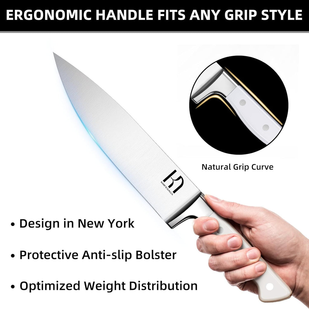Knife Set, 15 Pcs Kitchen Knife Block Set, Enduring Razor-Sharp Japanese High Carbon Stainless Steel Chef Knife Set with Block and Sharpener, Premium Knives Set for Kitchen, White Acacia