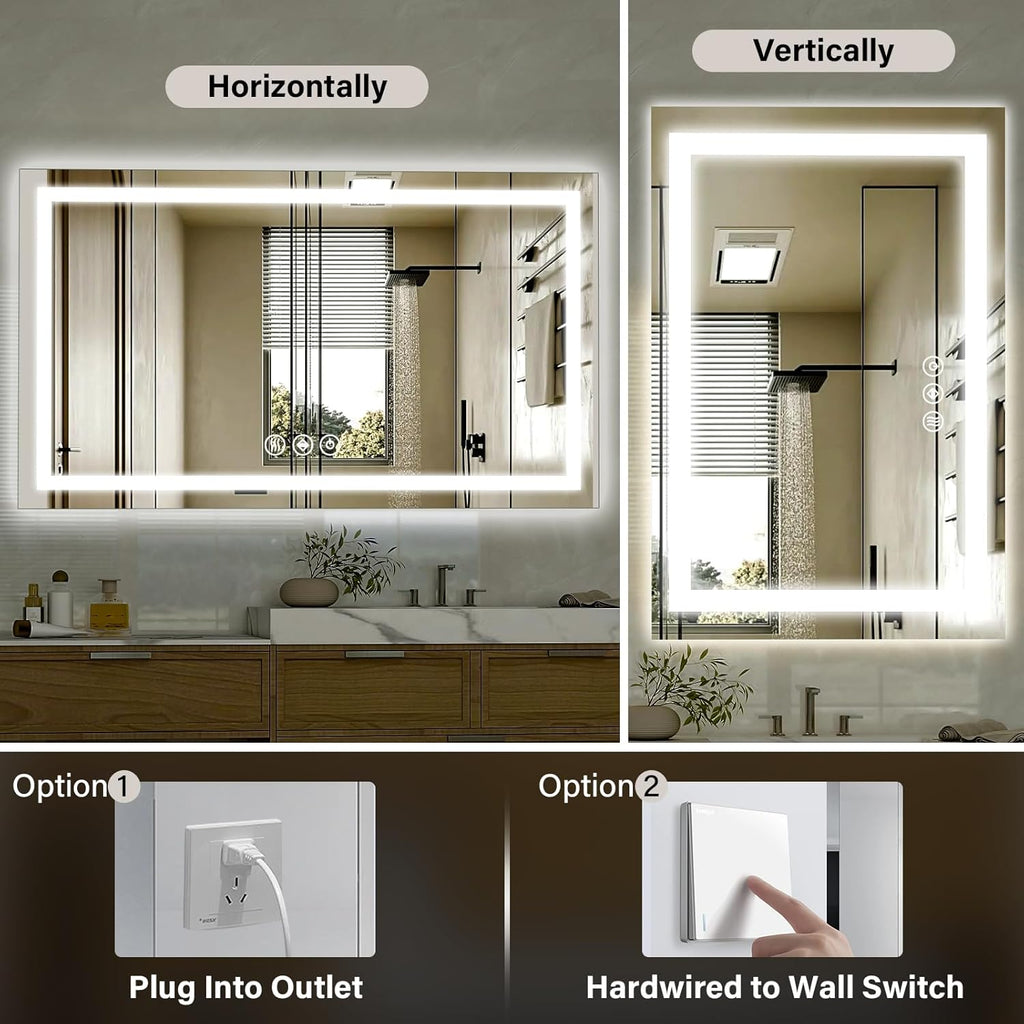 40"x 60"LED Bathroom Mirror, Backlit + Front Lit, LED Bathroom Mirror with Lights for Wall, 3 Colors, Anti-Fog, Dimmable Brightness, Tempered Glass