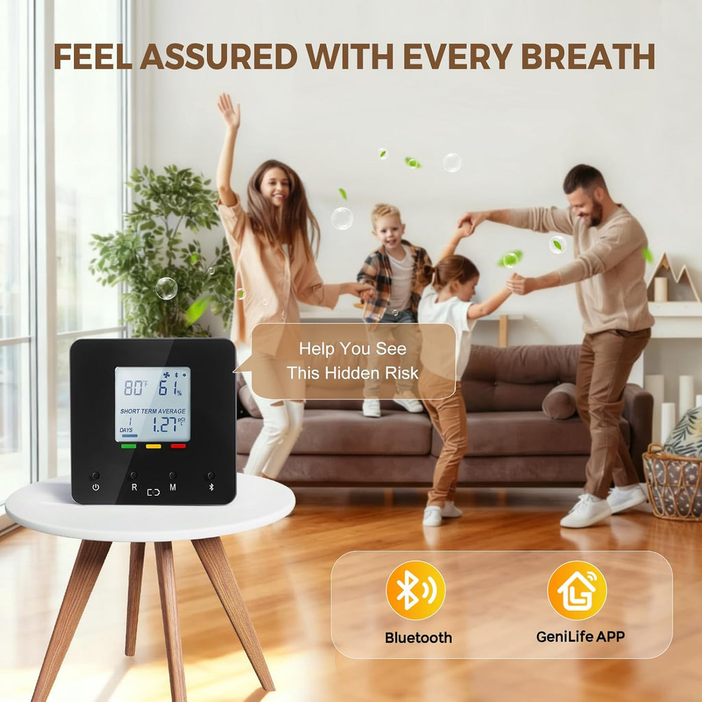 Bluetooth Radon Detector for Home, Portable Radon Tester with Real Time Gas Concentration, Temp & Humidity Monitoring, App Alerts, Detect Hidden Risks and Breathe with Confidence, Black