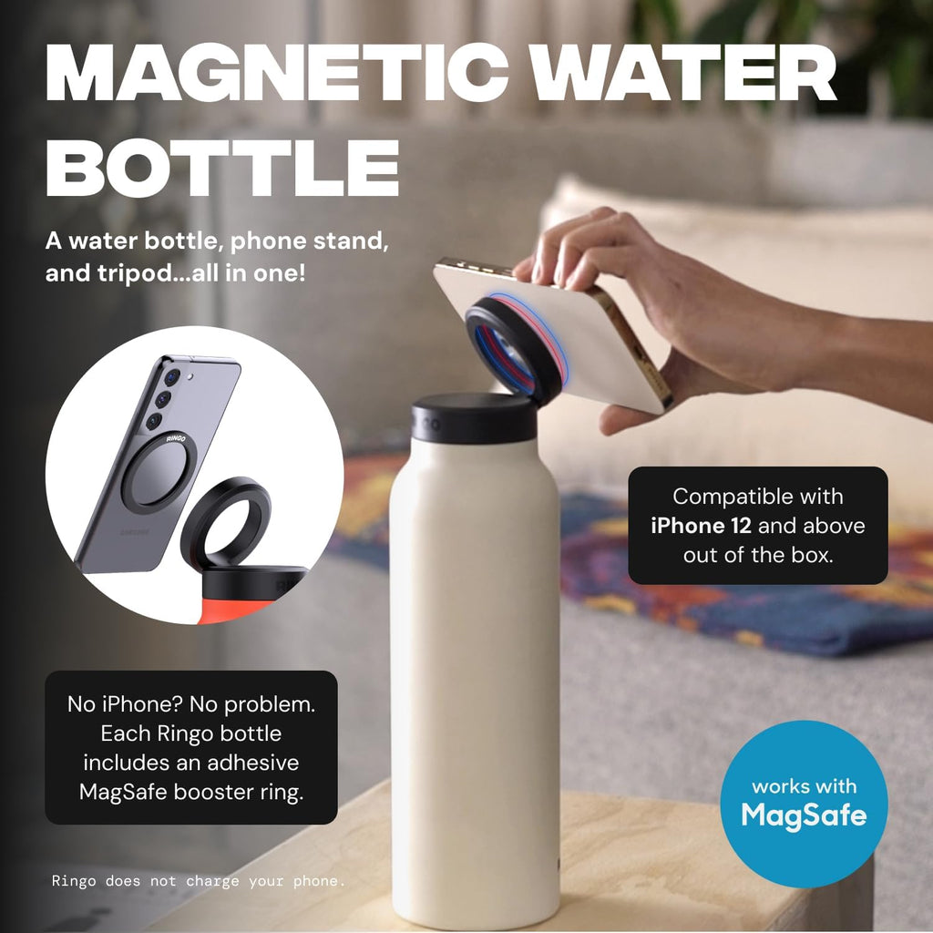 Ringo Insulated Water Bottle | Compatible MagSafe With Phone Holder | Stainless Steel Water Bottle With Magnetic Phone Tripod Mount | Hot for 12H, Cold for 24H, 360° Rotate - Ivory 24oz