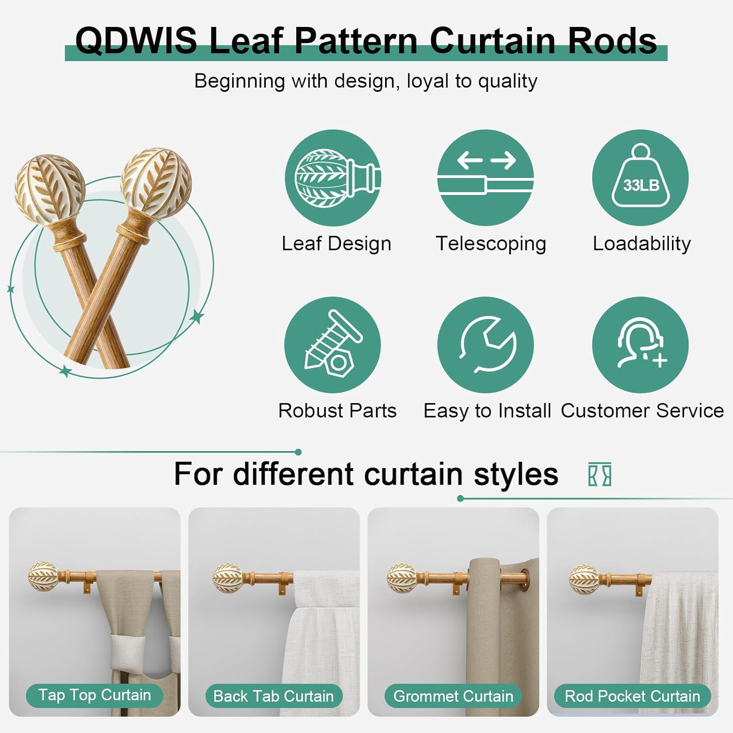 Boho Wood Curtain Rods for Windows 66 to 120 inch,1" Adjustable Heavy Duty Window Curtain Rod with Imitation Wood Grain Finials,Rustic Decorative Drapery Rods Set,Size:36-120'',Maple Wood