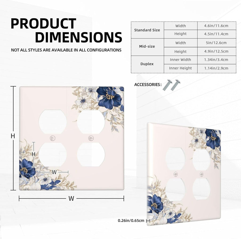Decorative Outlet Covers Rustic Blue White Flowers Floral Penoy 2 Gang Wall Plate Cover Double Duplex Receptacle Two Switch Light Switch Cover Plate Jumbo Dual Face Plate
