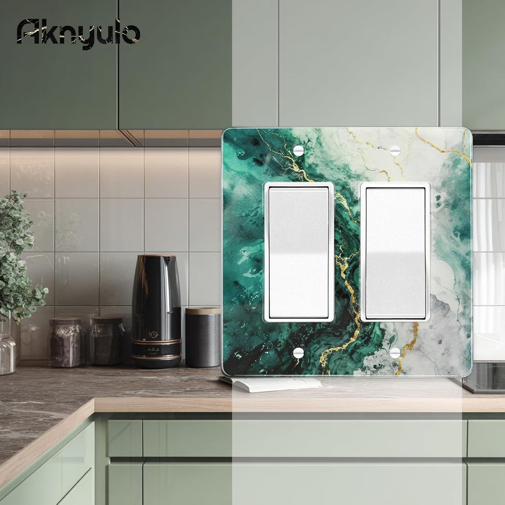 Modern Abstract Lexury Dark Turquoise Teal Blue Gray Marble Textured Light Switch Wall Plate Plates Decorative Electrical Outlet Cover Plates Acrylic 2 Gang Wall Outlet Covers Mirror Switch Plates