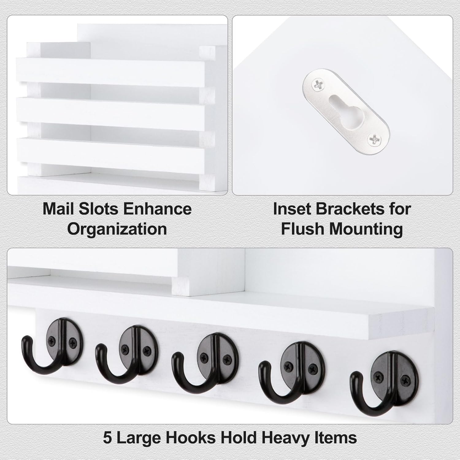 Key Holder for Wall – Decorative Wooden Mail Holder and Key Shelf with Mounting Hardware, Installation Guide – Paulownia Wood with 5 Metal Key Hooks (11.8” x 6.7” x 2.8”)