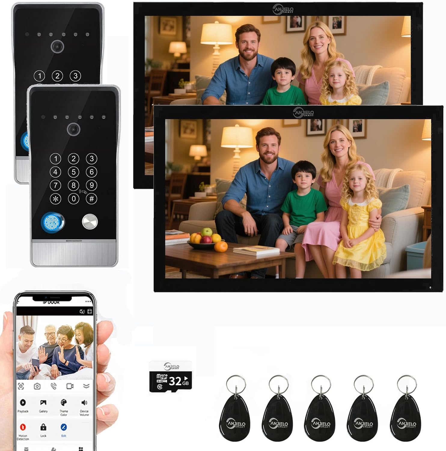 Wired Video Door Phone Apartment Intercom System,10 Inch Touch Monitor with 1080P doorbell,Support Fingerprints, RFID Cards,Passwords,Unlock Motion Detection for Home (2 Doorbell + 2 Monitor)