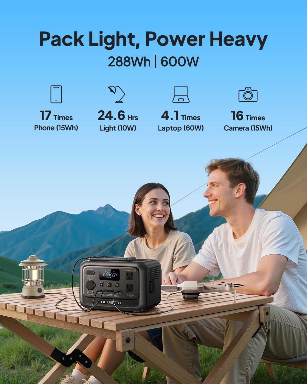 BLUETTI Elite 30 V2 Portable Power Station, 288Wh Solar Generator, 600W AC Outlets (Power Lifting 1500W), Fast Charging LiFePO4 Battery Backup for Camping, Road Trip, Outage (Solar Panel Optional)