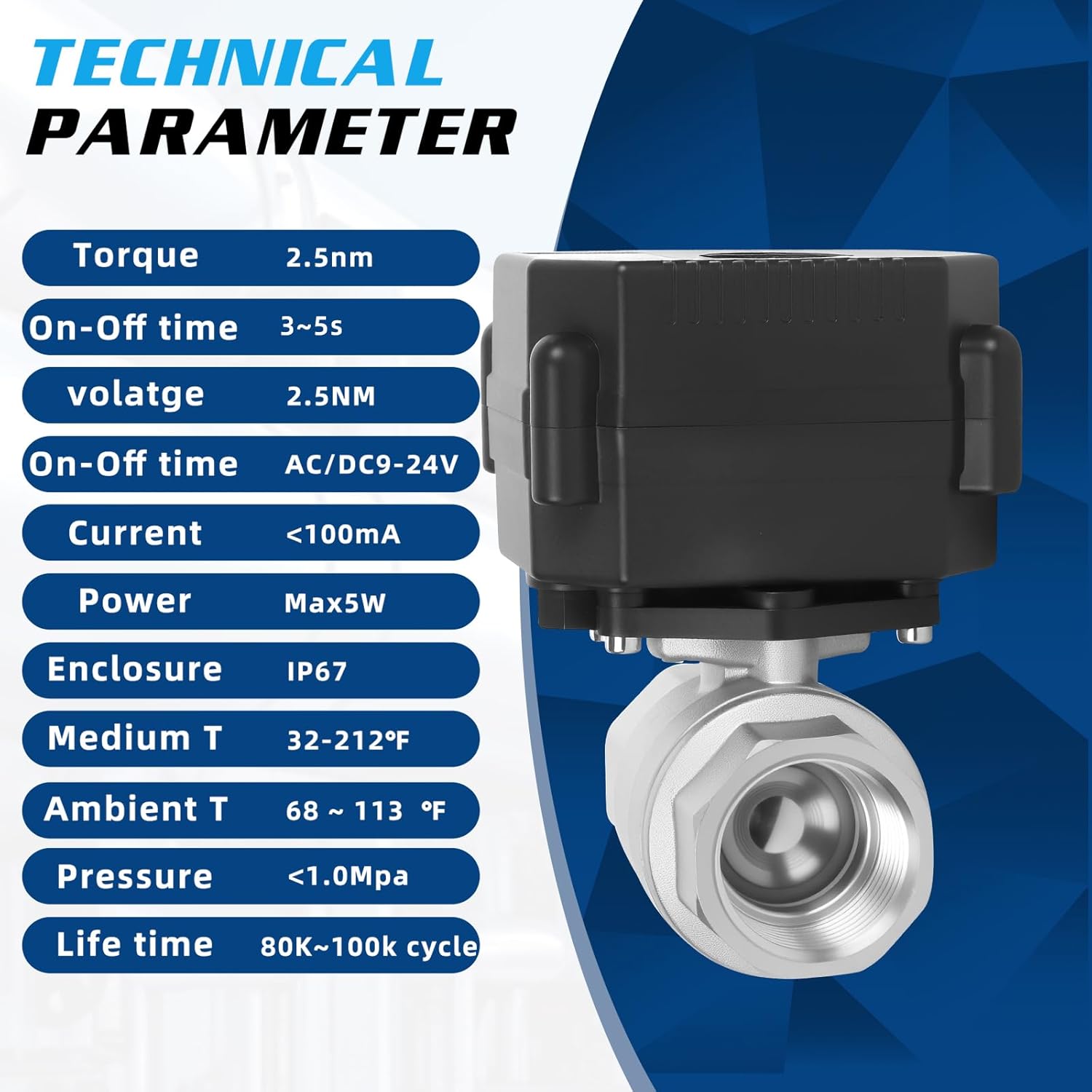 Motorized Ball Valve - 1/2" Stainless Steel Electric Water Valve with Full Port, 2 Wire Electrical Ball Valve 9-24V AC/DC,Auto Return Setup