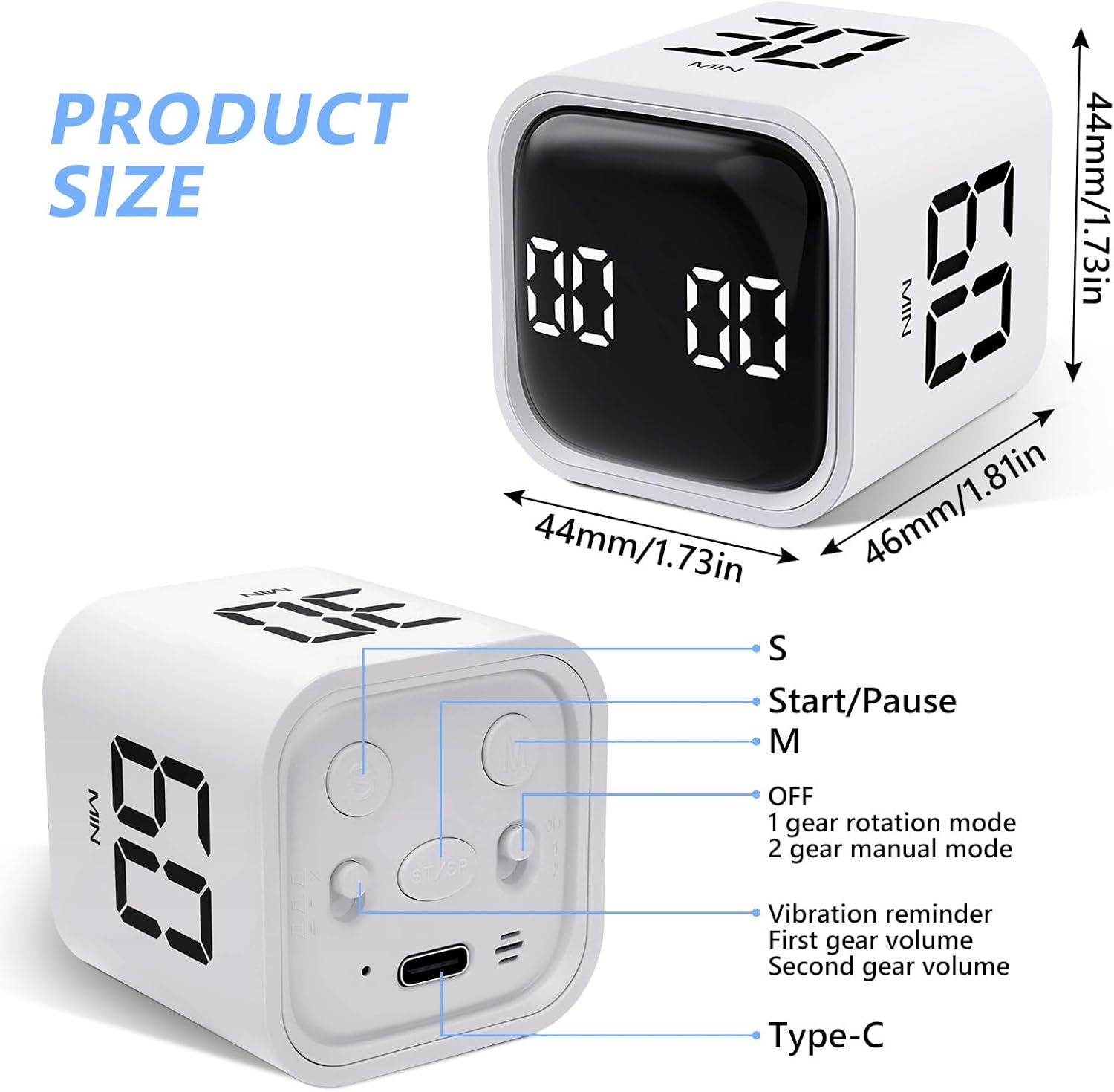 Digital Cube Productivity Timer - Rotating Pomodoro Timer with Gravireceptor 5-10-30-60 Min Custom Countdown, Vibration & Adjustable Volume for Learning, Office, Kitchen, Desk, White