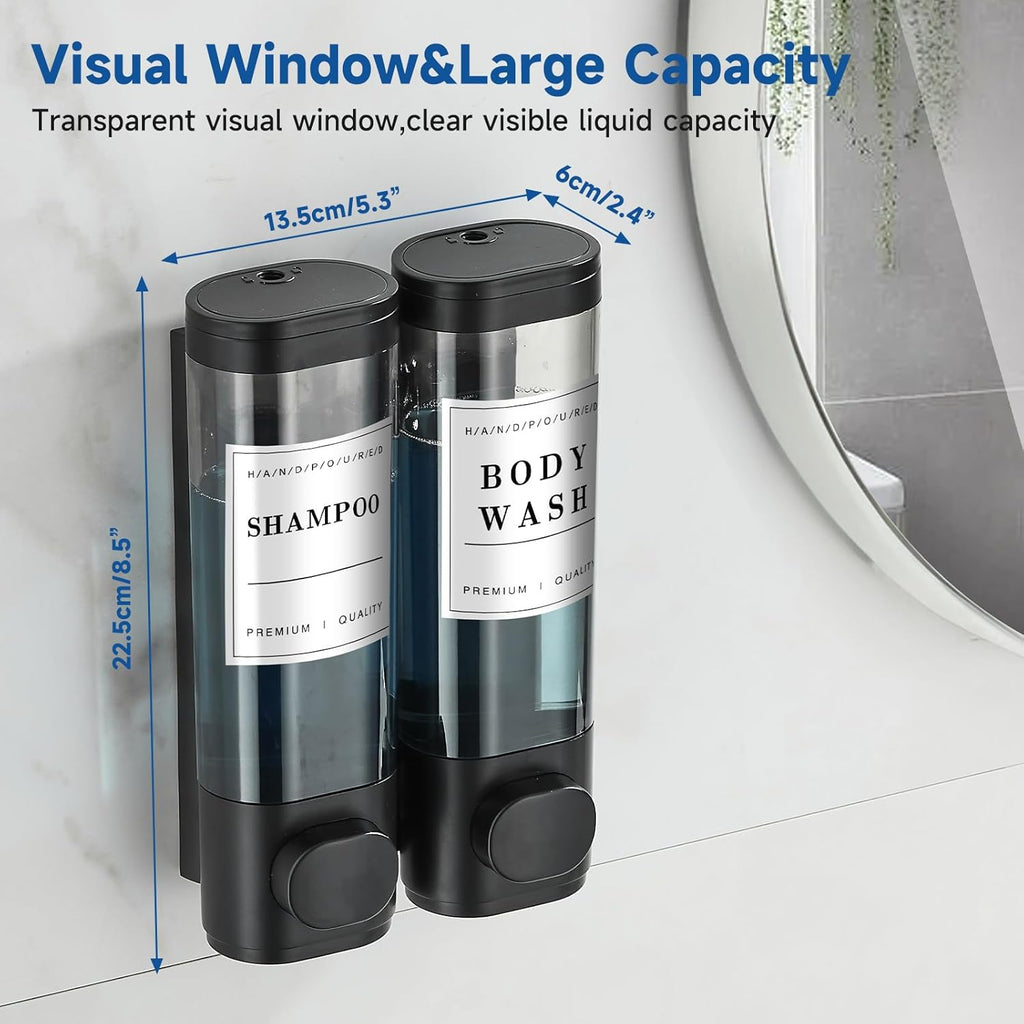 Shower Soap Dispenser Shampoo and Conditioner Dispenser 2 Chamber No Drill Wall-Mounted Shampoo Dispenser for Shower Wall Mounted Shower Dispenser for Bathroom Hotel Large Capacity,Black