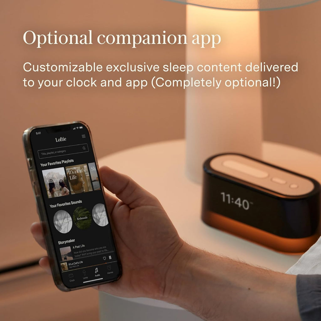 Loftie Alarm Clock with Sound Machine – Smart Alarm Clock w/Light, White Noise, Bluetooth Speaker, Night Light, 100+ Sounds, Blackout Mode, No WiFi Mode, Optional Subscription, White