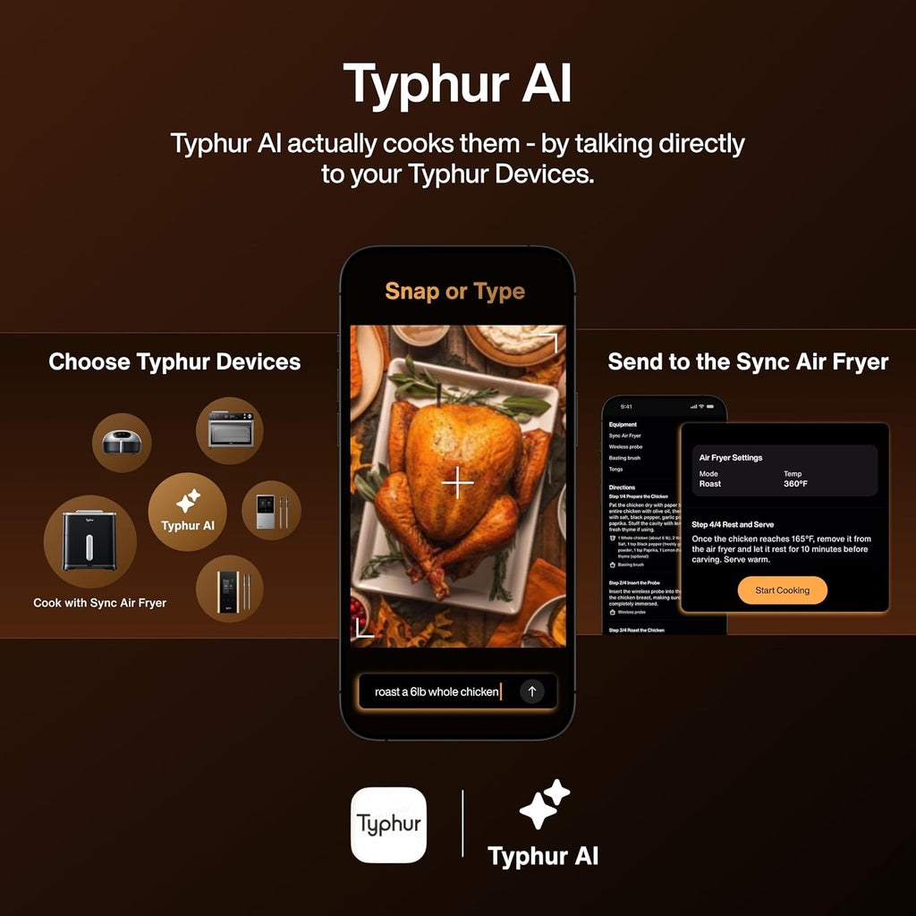 Typhur 8QT Sync Air Fryer with Built-in Wireless Meat Thermometer, 9-in-1 Smart Non Toxic Ceramic Airfryer for Quick Easy Meals, 450°F Max, Cooks 6lb Whole Chicken, Dishwasher Safe, 120V