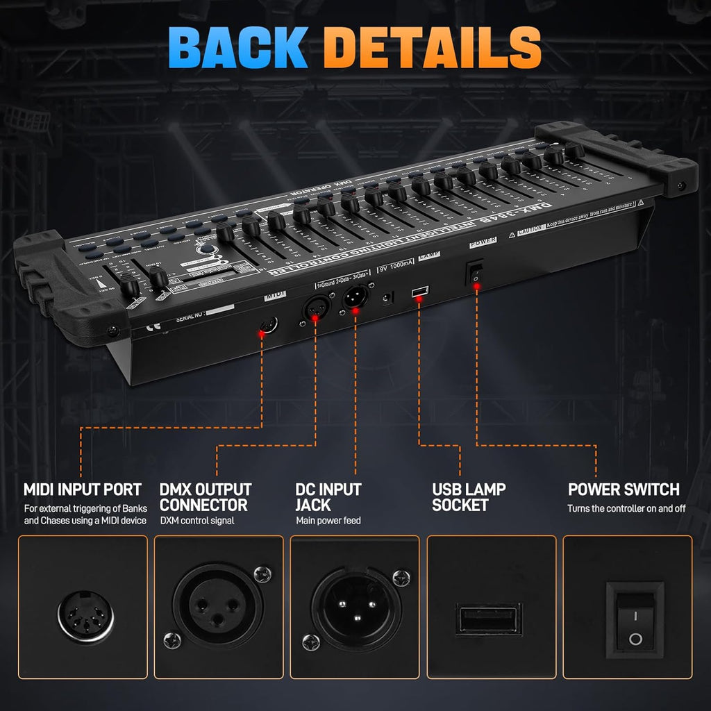 DMX 384 Channel Lighting Controller with DMX512 Protocol Compatible with Moving Head Light, DMX Operator Console with MIDI Control for DJs, Stage, Party, Club, Theater Lighting