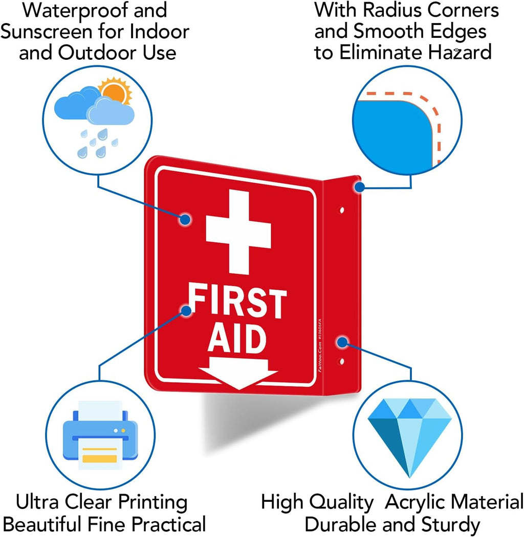 Faittoo First Aid Sign, 2 Pack First Aid with Cross Symbol - 6 x 6 Inches Acrylic Plastic, 2 Pre-Drilled Holes, Includes Matching Screws, Use for Home Office/Business
