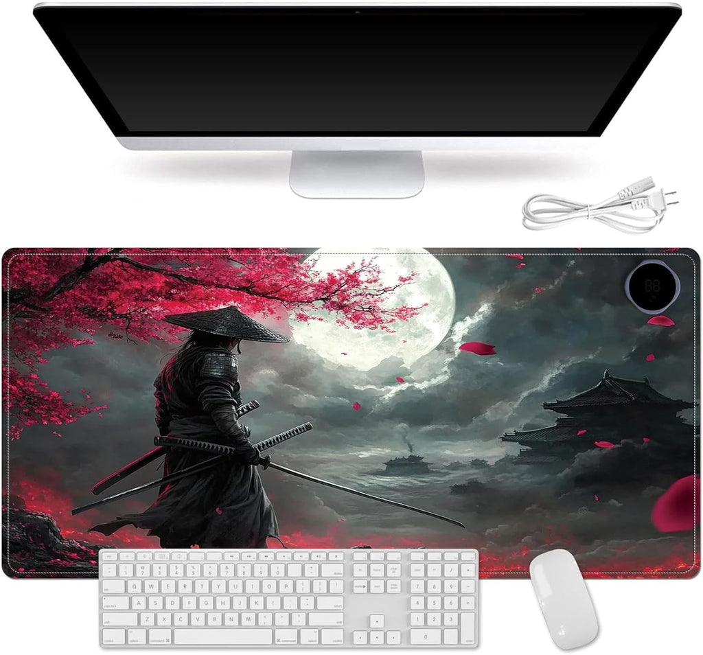 Small Heated Desk Pad 23.6" x 14.2" – Compact Electric Mouse Pad with 3 Heating Levels, Auto Shut-Off, Waterproof PU Surface, Plug-in Warmer for Office or Home Use, Samurai