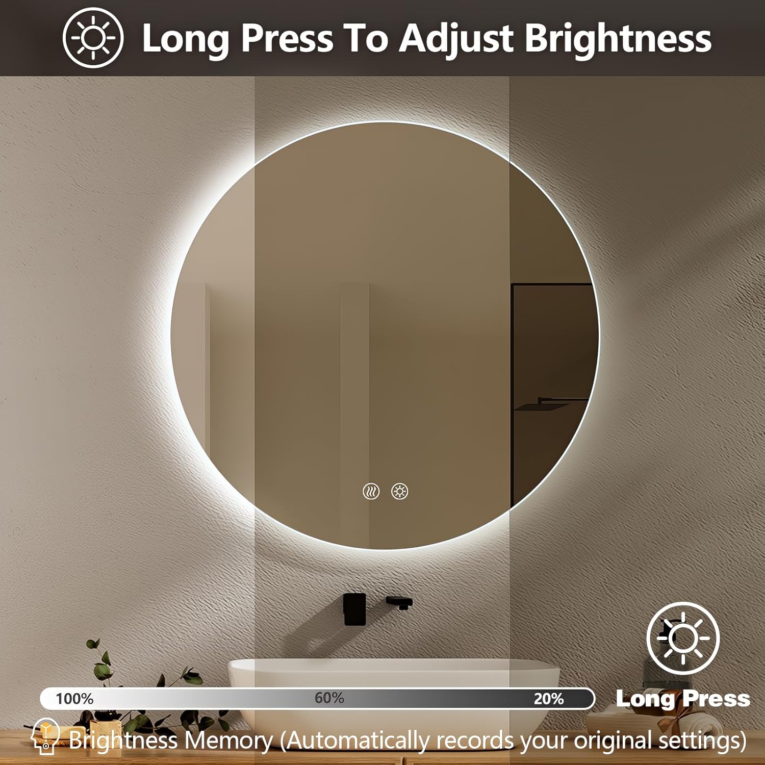 Niccy Round Led Mirror for Bathroom, 24" Circle Frameless Backlit Mirror wiht Light, Anti-Fog, 3 Colors, Waterproof, Memory Function