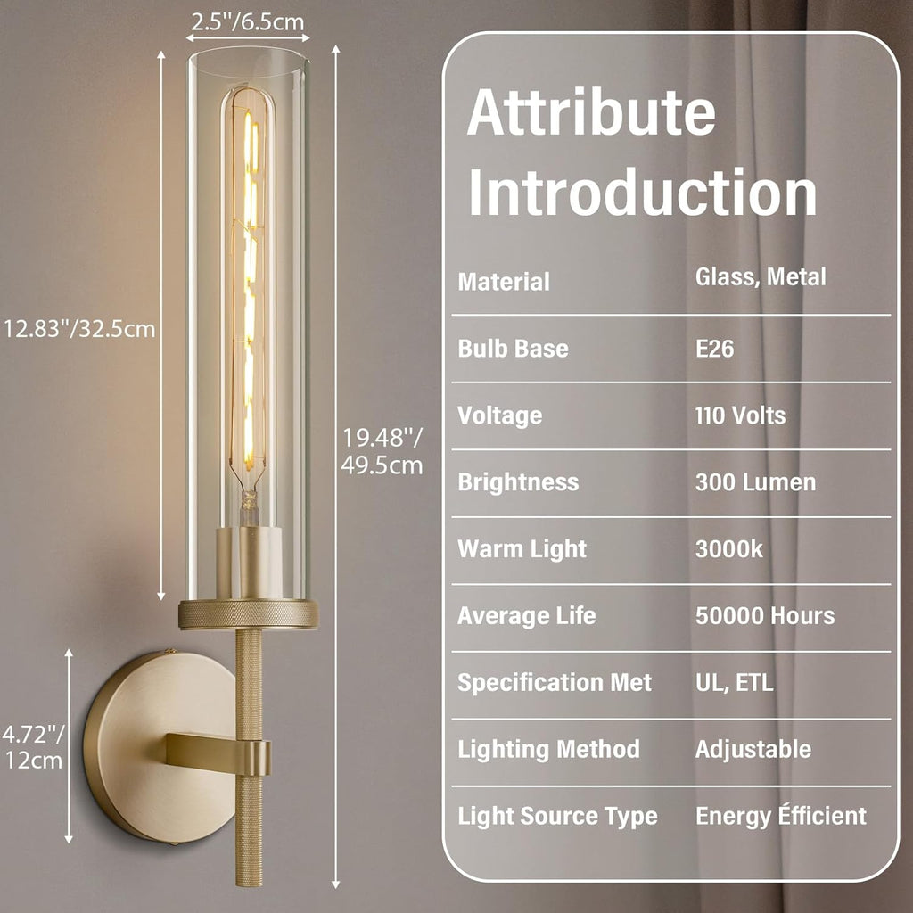 Gold Wall Sconces,19.48" Knurled Wall Sconces, Modern Light Fixtures Wall Lights for Living Room