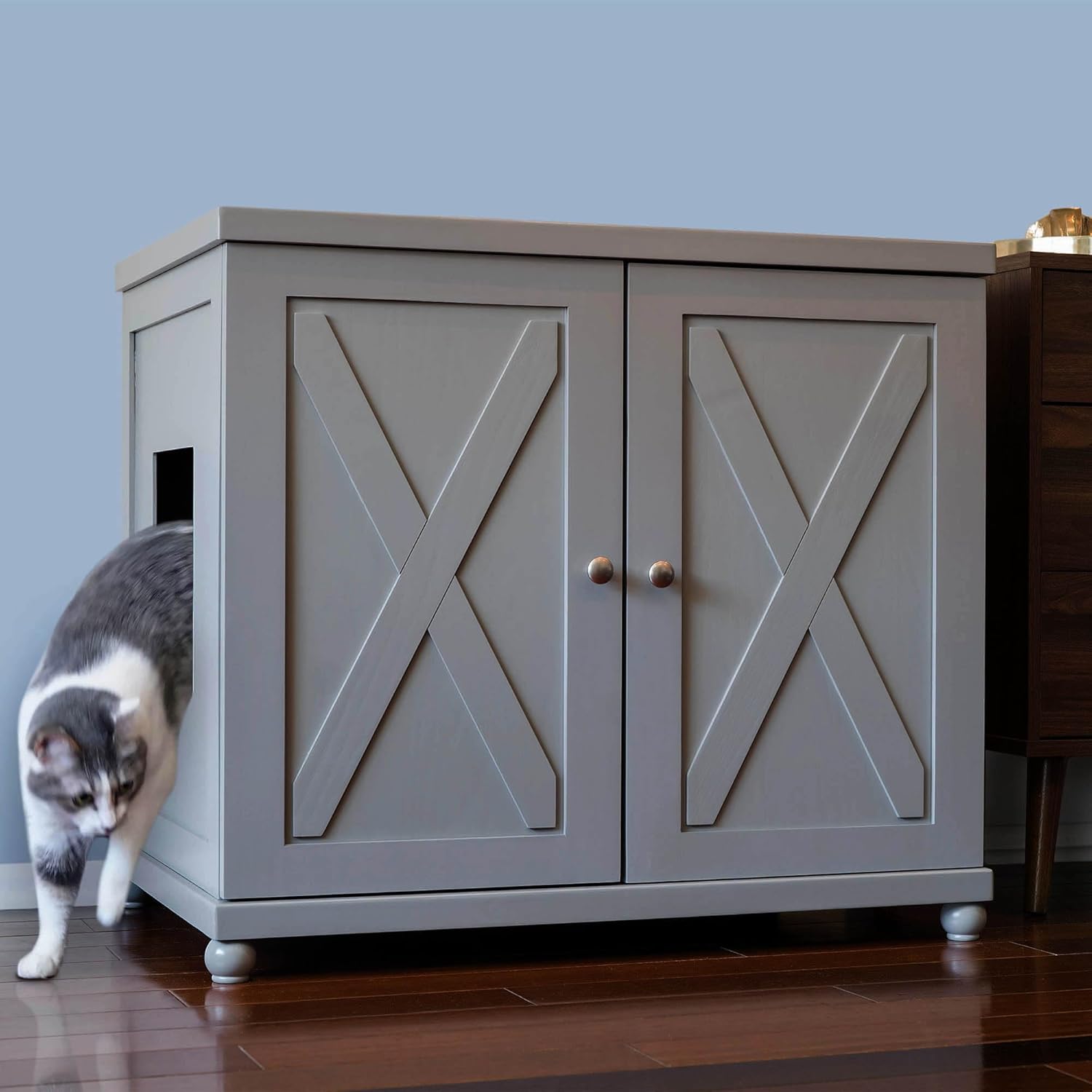 THE REFINED FELINE Cat Litter Box Enclosure Cabinet, Farmhouse, Smoke Gray, Round Feet, XLarge, Hidden Litter Cat Furniture with Drawer