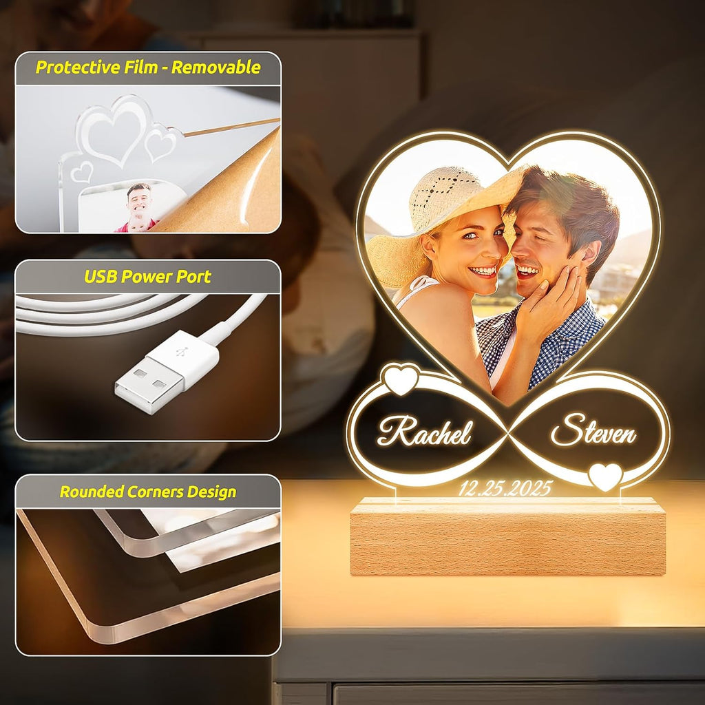 Custom Picture Frames with Photo, Custom Photo Frame with Night Light, Personalized Picture Frame, Personalized Anniversary Valentines Day Gifts for Women Men Him Her Girlfriend Boyfriend Couple Wife