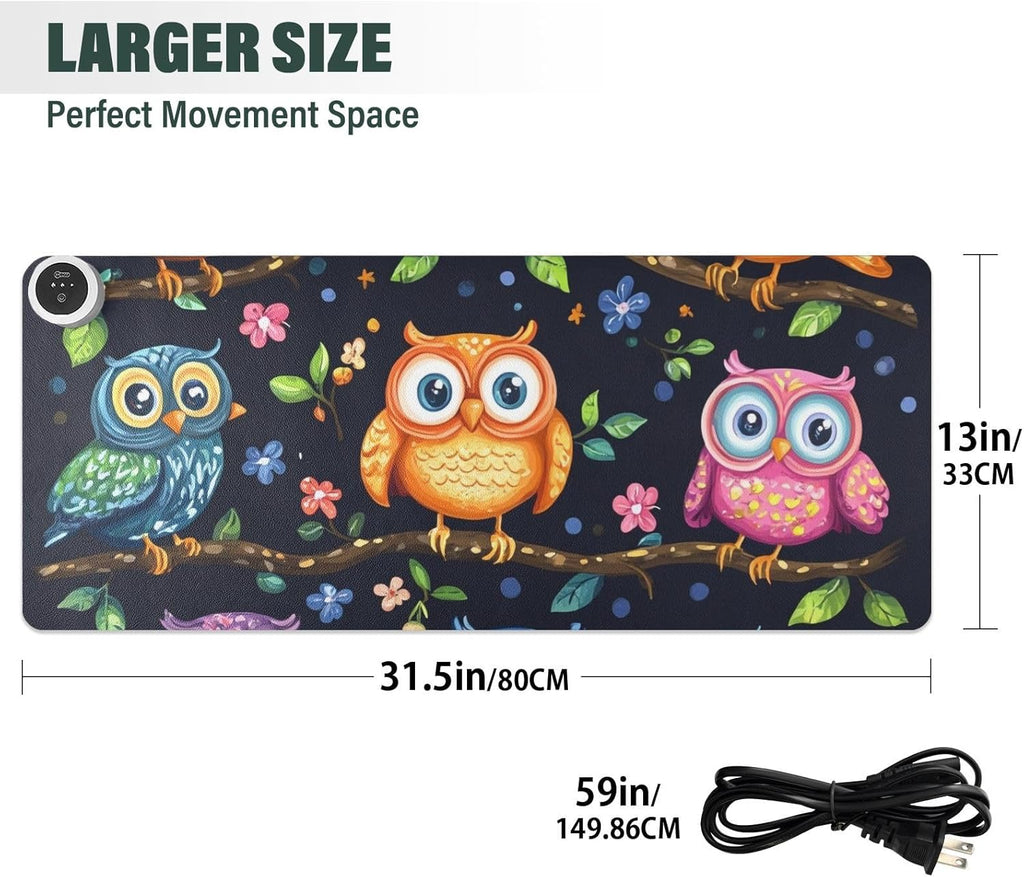 Heated Desk Pad Mouse Pad 31.5x13 Inch PU Leather Desk Mat with 3 Heat Levels Large Mouse Gaming Computer Laptop Mat Vibrant Owls Branches Flowers Spring