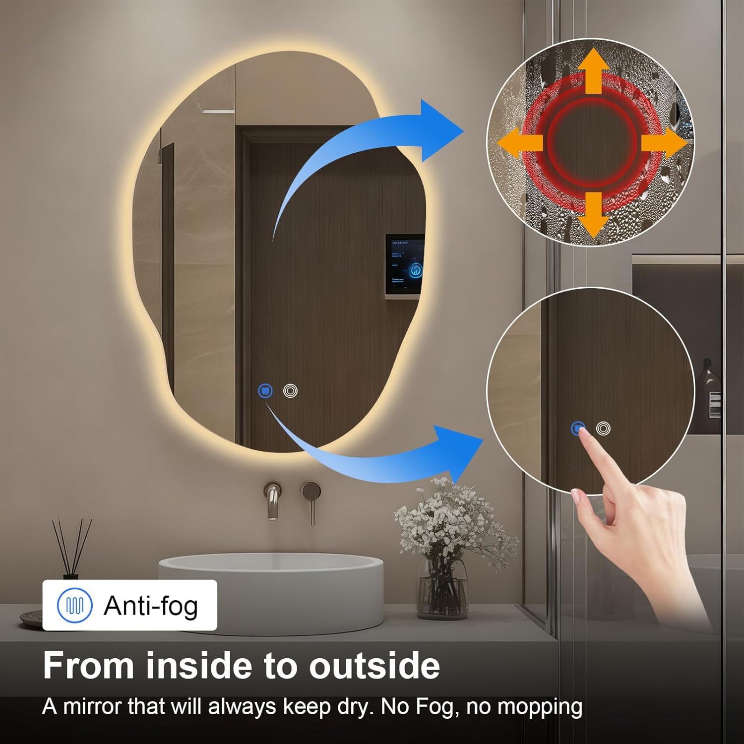 Asymmetrical Bathroom Mirror with Lights,Irregular LED Bathroom Vanity Mirror with Backlit,Anti-Fog,3 Colors and Dimmable Light with Memory,Hardwired Supported[Horizontal/Vertical] 30" H x 22" W