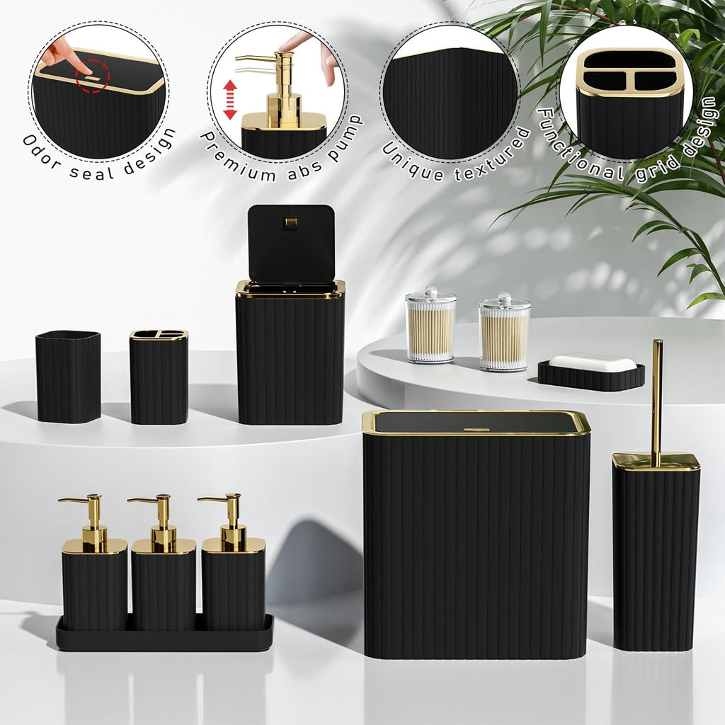 Bathroom Accessory Set - Bathroom Set, 12PC Bathroom Accessories Set, Black Bathroom Accessories Set, Mini Trash Can, Toilet Brush, Trash Can & Soap Dispenser