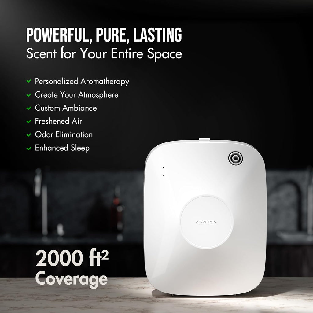 Airversa Smart Waterless Essential Oil Diffuser Scent Air Machine with 12A1V Power Adapter for Large Rooms Spaces Home and Commercial Use, Up to 2000 sq ft 400 mL Capacity Scent Diffuser, White ANA