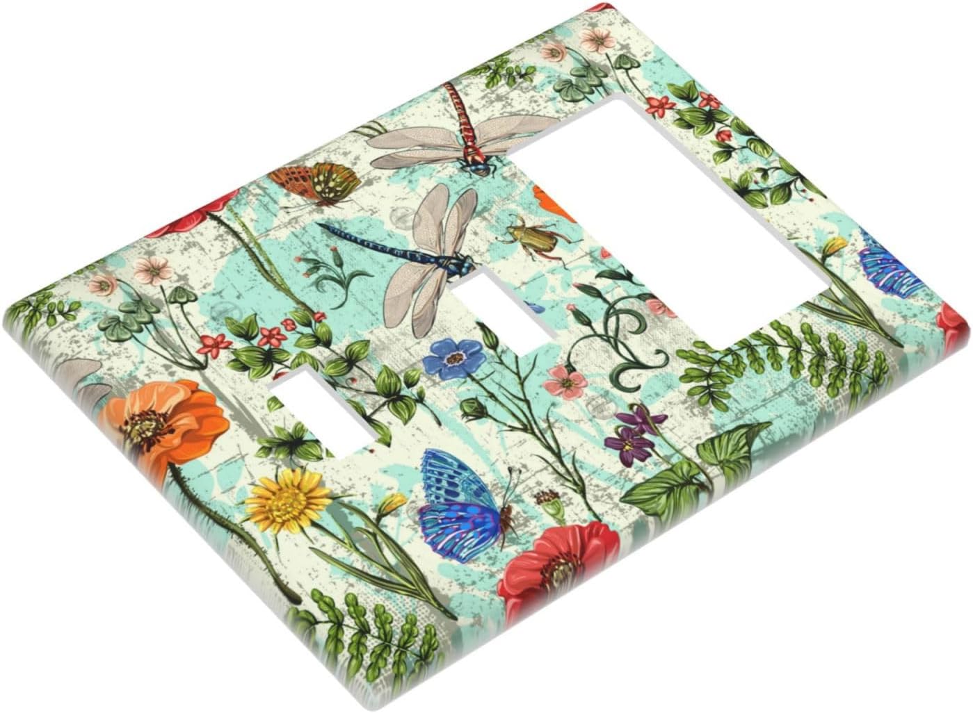 Dragonflies Flowers Butterfly 3 Gang Toggle Toggle Rocker Outlet Light Switch Cover Decorative Wall Plate Cover For Home Living Bedroom Kitchen Decorative