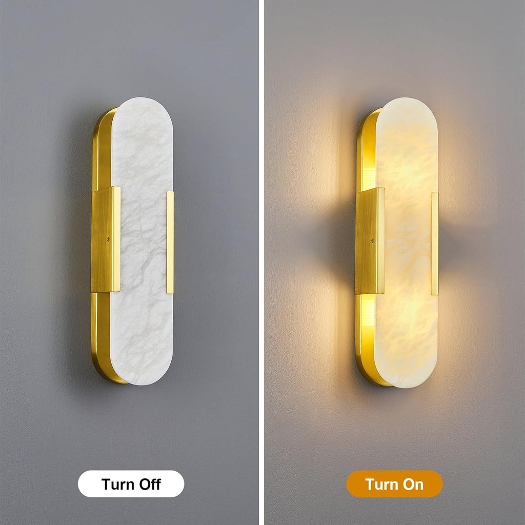 Brass Alabaster Wall Sconces Set of Two, Modern Natural Marble Wall Sconces for Indoor Lighting, 19.7 in Gold Wall Lights for Bathroom Dining Room Stairs Bedroom