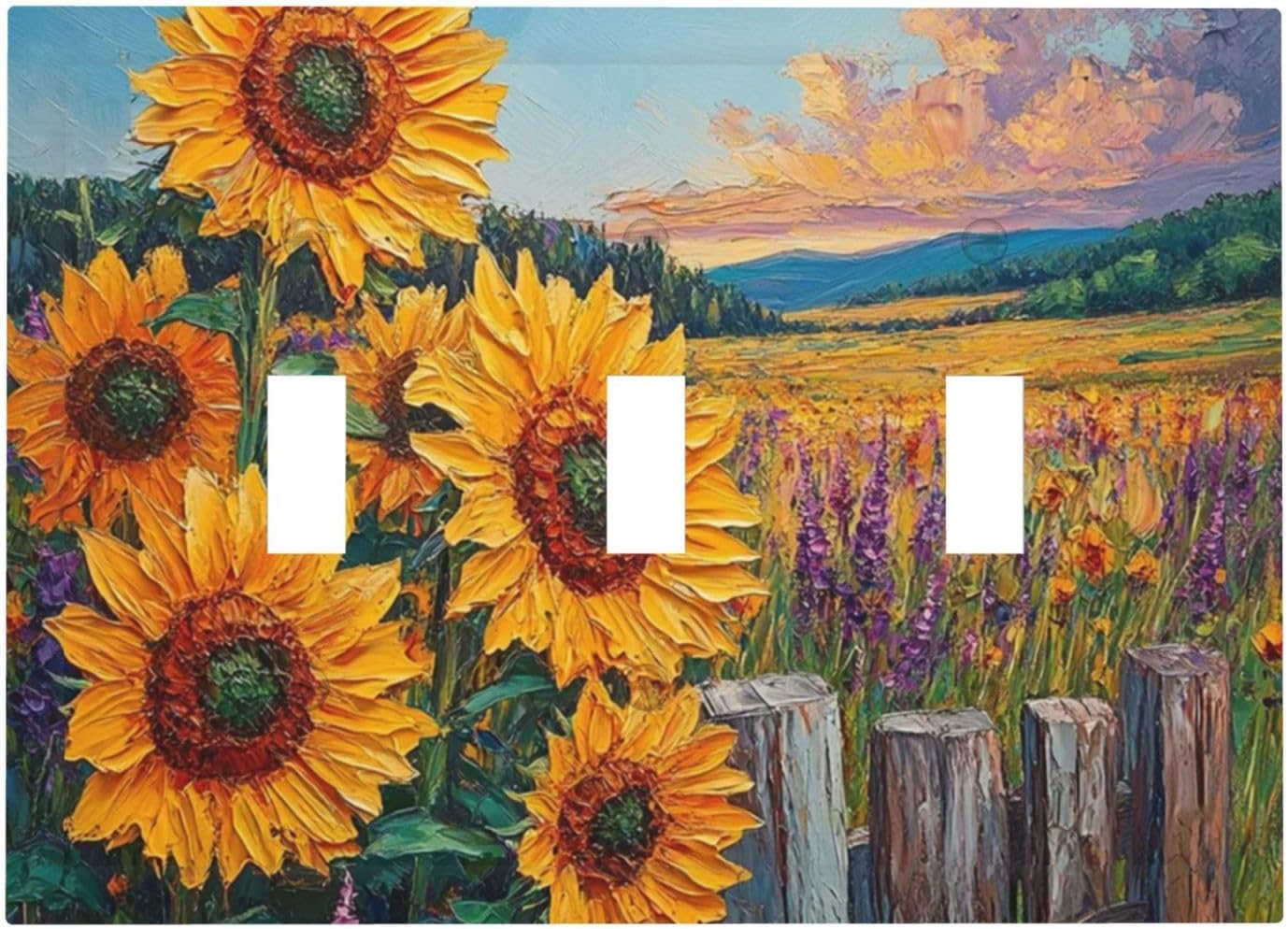 Decorative Light Switch Cover Plate Rustic Wilderness Sunflower Lavender Muzha Oil Painting 3 Gang Wall Plate Oversized Triple Toggle Switch Cover Plate Jumbo Faceplate