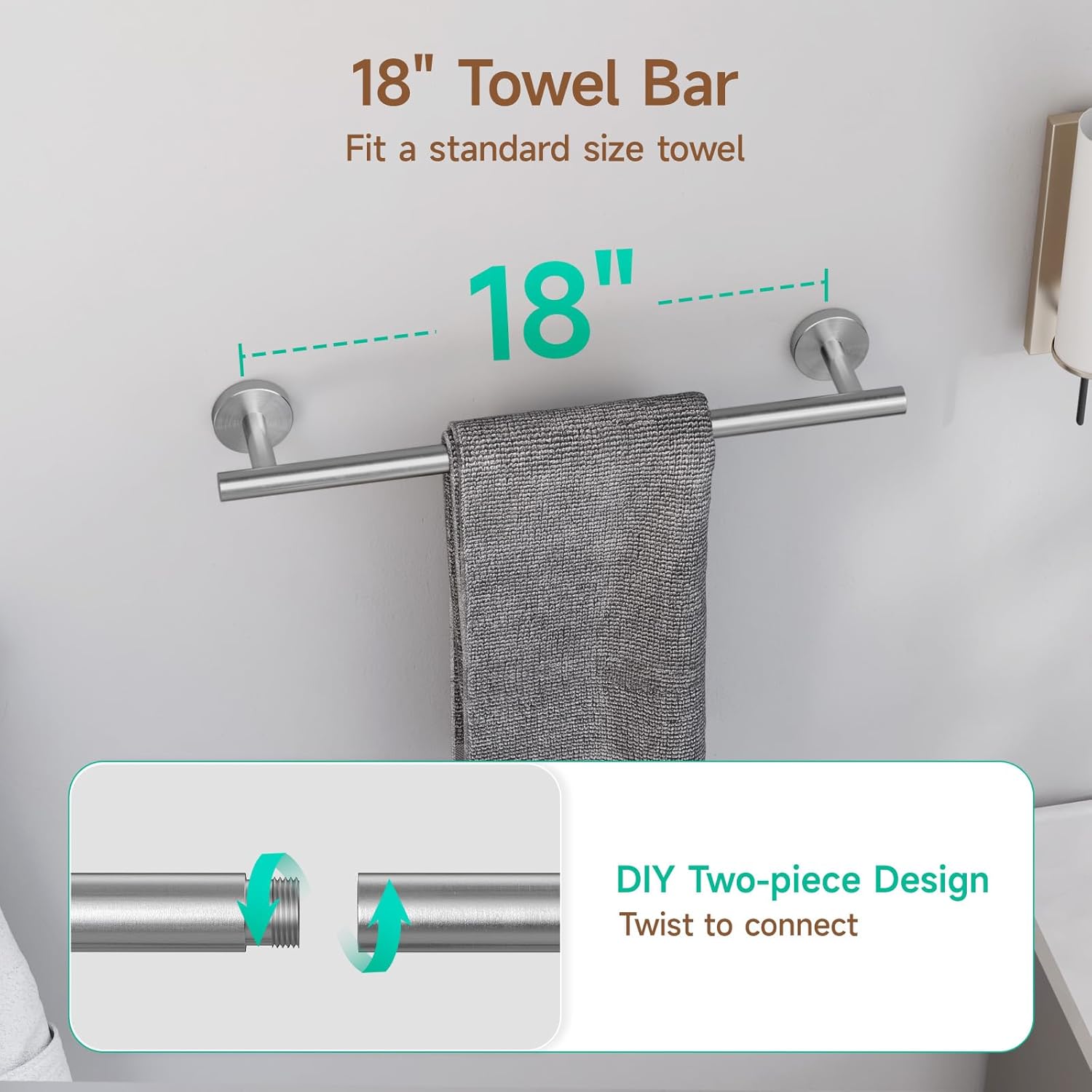 USHOWER Brushed Nickel Bathroom Hardware Set, Modern 18-Inch Towel Bar Set Wall Mounted, Durable SUS304 Stainless Steel Bathroom Accessories Set, 4-Piece