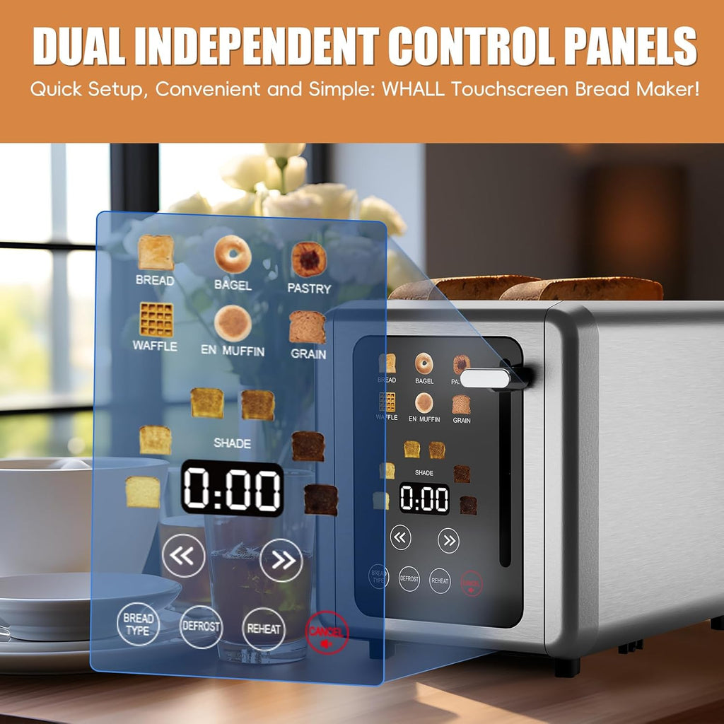 2 Slice Toaster,Touchscreen & Dual Independent Control Panel,5 Basic Functions & Digital Countdown Toasters,6 Shade Settings＆6 Bread Types,Smart Bread Maker Mute/Screen-Off,Titanium