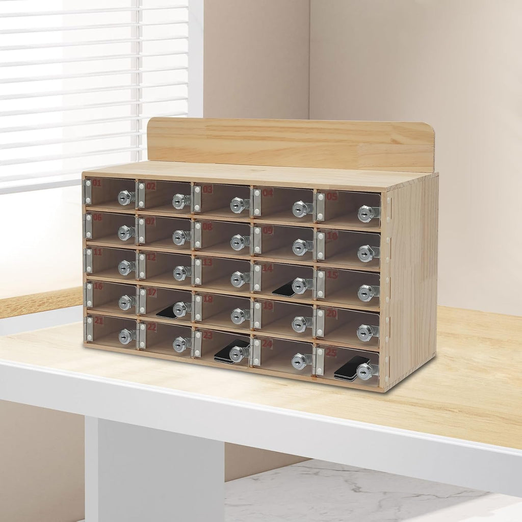 Cell Phone Locker Box 25 Slots Cell Phone Organizer Cabinet with Combination Locks Wall-Mounted Locking Cell Phone Storage Box for Classroom Office,Shool,Office (25 Slots, Wood+Acrylic)