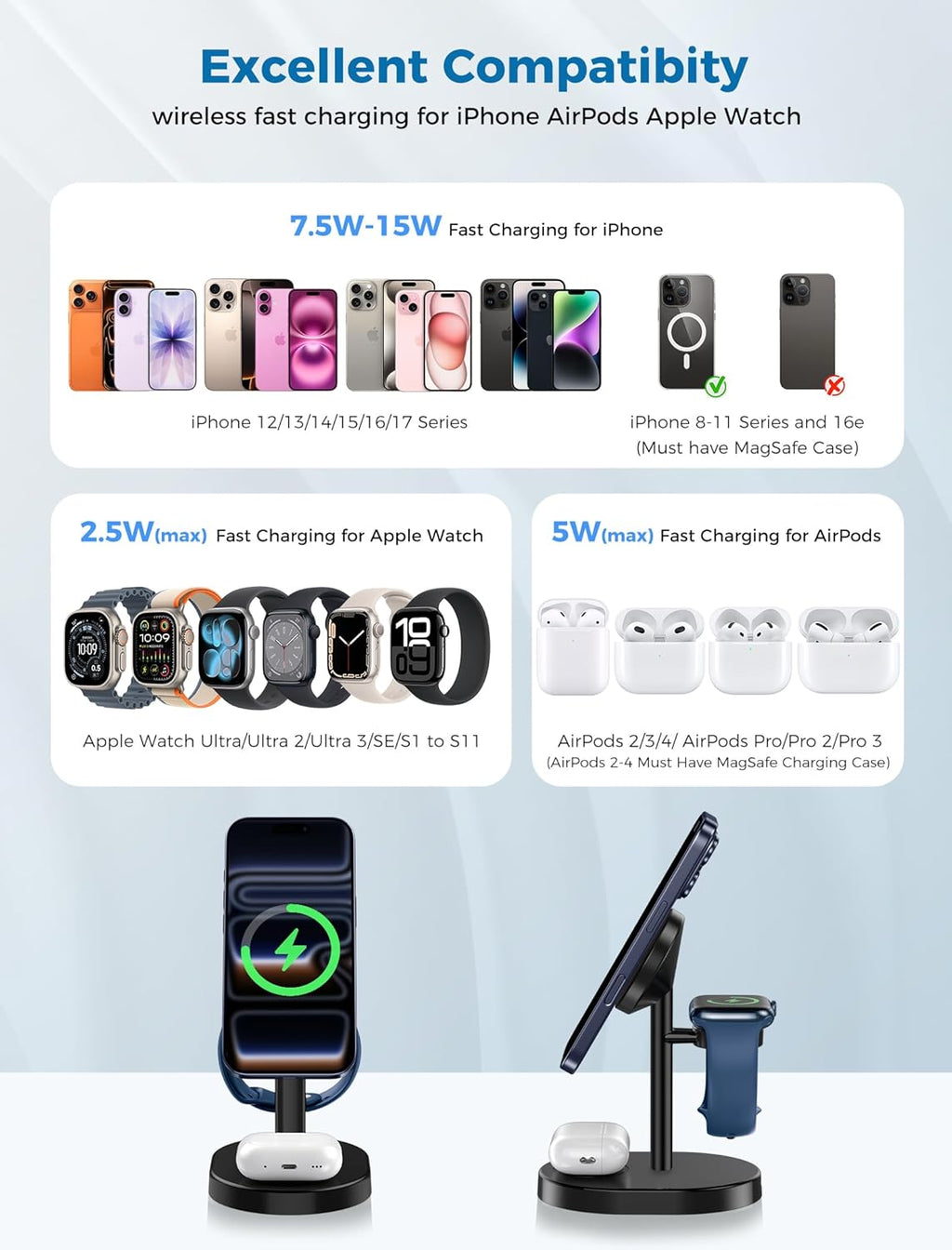 2025 3 in 1 Wireless Charging Station for Apple MagSafe Charger, 15W Fast Magnetic Mag-Safe Charger Stand for iPhone 17 16 15 14 13 12 Apple Watch AirPods Series, Gifts for Men