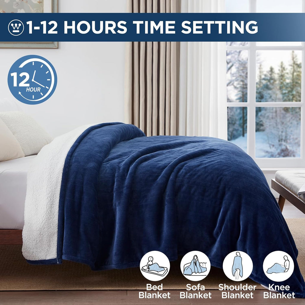 Westinghouse Electric Blanket King, Heated Blanket King Size with 10 Heating Levels and 1 to 12 Hours Heating Time Settings, Flannel to Sherpa Reversible, Machine Washable (90" x 100", Navy)