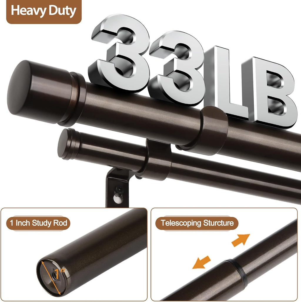Double Curtain Rod 36 to 72 Inch, HOTOZON 1 Inch Heavy Duty Curtain Rods for Windows, Telescoping Double Drapery Rod with Simple Cap Finials, Bronze