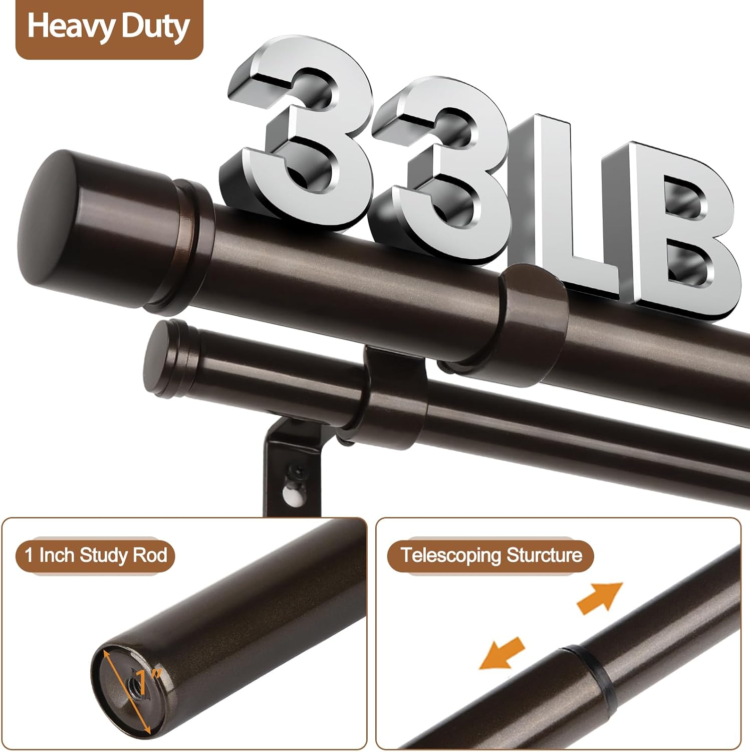 Double Curtain Rod 36 to 72 Inch, HOTOZON 1 Inch Heavy Duty Curtain Rods for Windows, Telescoping Double Drapery Rod with Simple Cap Finials, Bronze