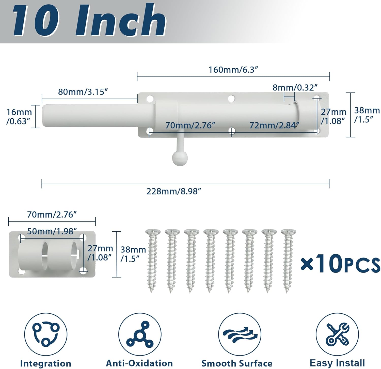 Alise 10 inch Barrel Bolt Latch,Slide Bolt Latch,Heavy Duty Solid SUS304 Stainless Steel Slide Lock for Wooden Fence,Barn Door,Interior or Outdoor Door White MS9200-W