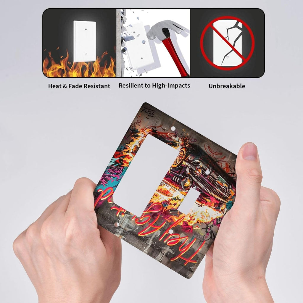 Outlet Covers Hip Hop Street Graffiti Flame Car 1 Toggle 1 Rocker Combination Decorative Wall Plate Electrical Switch Plates Light Switch Cover Plate for Bedroom living Room Decor