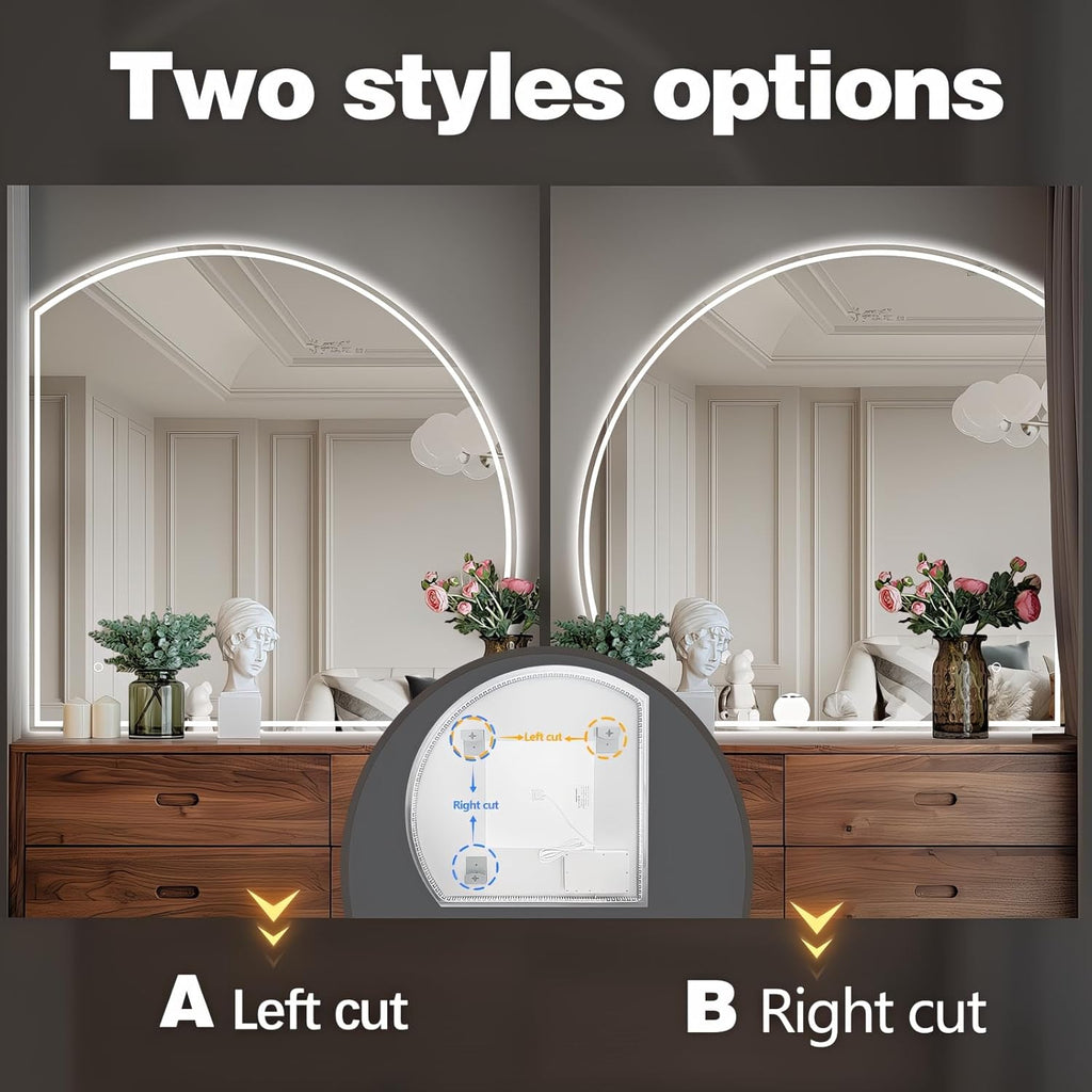Niccy Half Moon Led Mirror for Bathroom, 44" Semi Round Backlit Mirror for Wall Lighted Mirror with Frameless 3 Color, Defogger, Explosion-Proof, HD Glass and IP65 Vanity Mirror