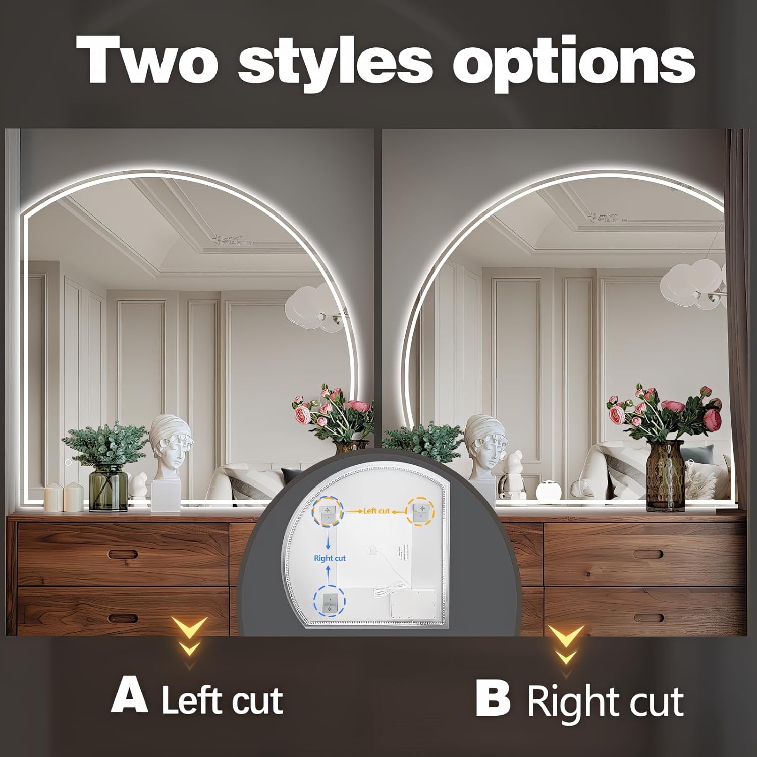 Niccy Half Moon Led Mirror for Bathroom, 44" Semi Round Backlit Mirror for Wall Lighted Mirror with Frameless 3 Color, Defogger, Explosion-Proof, HD Glass and IP65 Vanity Mirror