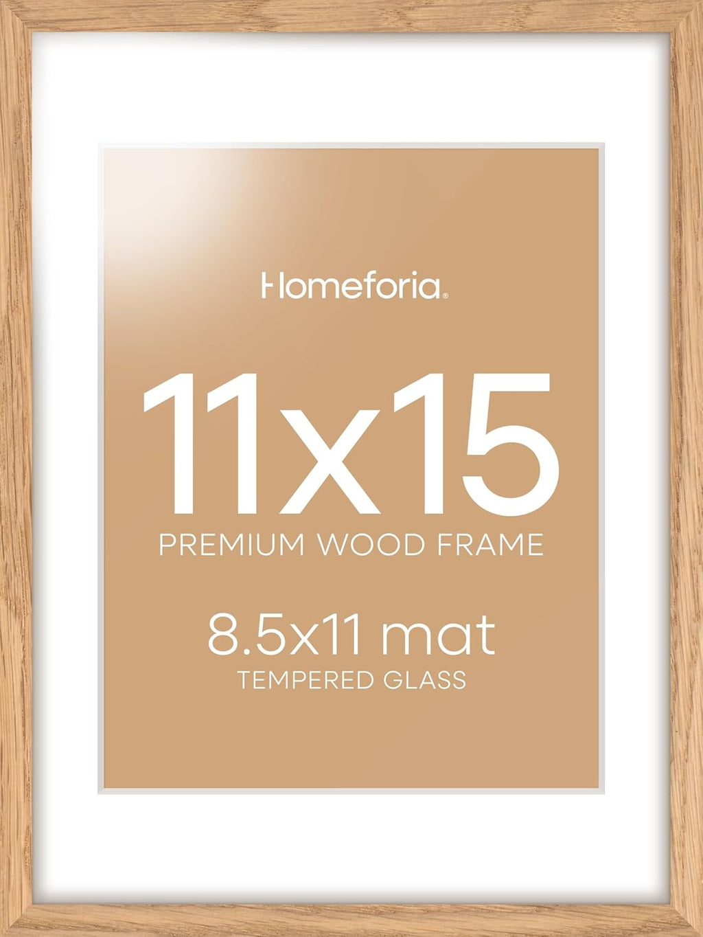 Homeforia 11x15 Picture Frame Wood, High End Natural Oak 11x15 Light Wooden Poster Frames with Mat 8.5x11, 11 x 15 Frame Matted to 8.5 x 11 Photo, 15x11 Thin Frames, Tempered Glass, Wall Kit, Set of 1