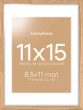 Homeforia 11x15 Picture Frame Wood, High End Natural Oak 11x15 Light Wooden Poster Frames with Mat 8.5x11, 11 x 15 Frame Matted to 8.5 x 11 Photo, 15x11 Thin Frames, Tempered Glass, Wall Kit, Set of 1