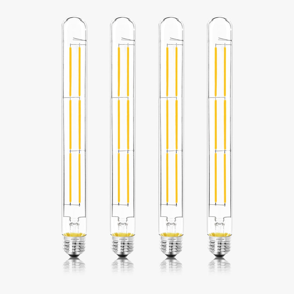 11.8IN 1000LM 2700K Soft White Light Bulbs E26 Base, T10 T9 Edison Bulbs Dimmable 8W, AC 120V 100 Watt Equal Filament Bulb, Vintage Clear Glass Long Tubular LED Bulb, UL Listed - 4Pack