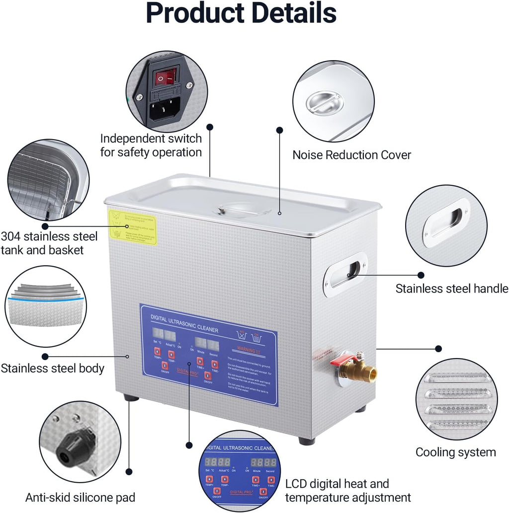 6.5L Professional Ultrasonic Cleaner | Commercial 40kHz with Digital Timer & Heater | for Jewelry, Watches, Eyeglasses & Small Parts Cleaning