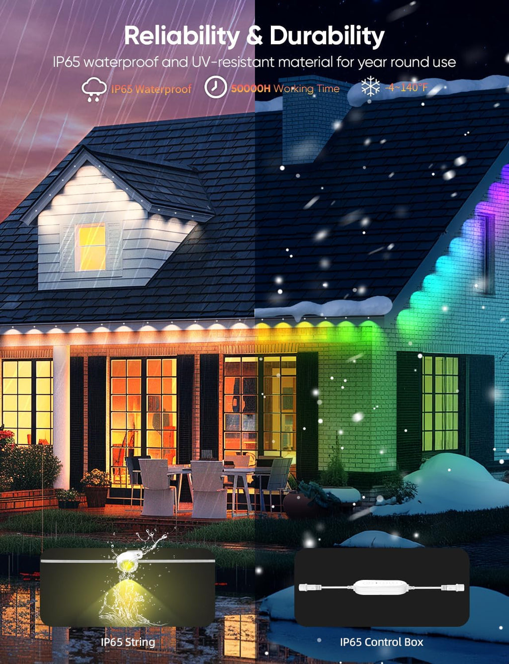 APPECK Permanent Outdoor Lights 50ft with 36 RGBW LEDs, 111 Scene Modes, Eaves Lights with 40lm Warm White, for Daily Holiday House Decor, App/Voice/Remote Control, White